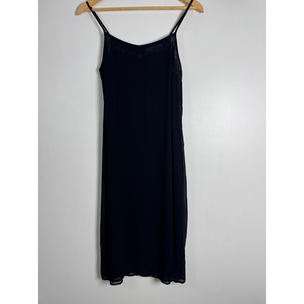90s Vintage Merona Womens 12 Slip Dress Black Rayon Midi Sheer Overlay LBD